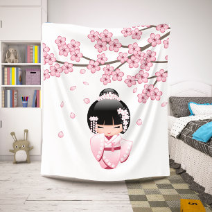 Couverture Sherpa Poupée Kokeshi au kimono rose Kawaii