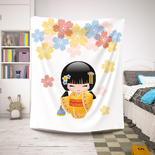 Couverture Sherpa Poupée Kokeshi d'été - Fille Geisha en Kimono Jaun