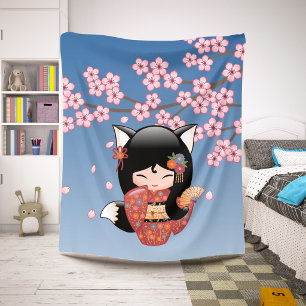 Couverture Sherpa Poupée Kokeshi Kitsune - Fille Geisha Renard Noir