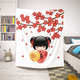 Couverture Sherpa Poupée Kokeshi Sakura Rouge - Jolie Fille Geisha