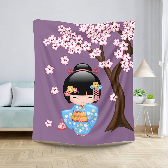 Couverture Sherpa Poupée Maiko Kokeshi - Blue Kimono Geisha Girl (Créateur téléchargé)