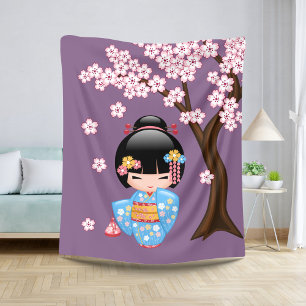 Couverture Sherpa Poupée Maiko Kokeshi - Fille Geisha en Kimono Bleu