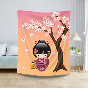 Couverture Sherpa Poupée Sakura Kokeshi - Geisha Girl on Peach