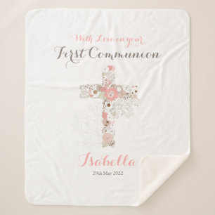 Couverture Sherpa Première communion blanc nom croisé floral