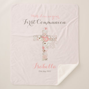 Couverture Sherpa Première communion rose pâle nom croisé