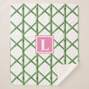 Couverture Sherpa Preppy Green Trellis Bamboo Motif Monogramme