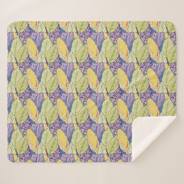 Couverture Sherpa Purple Green Yellow Ornamental Floral Pattern. (Devant (Horizontal))