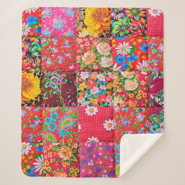 Couverture Sherpa Quillette patchwork artisanale avec motif floral e (Devant)
