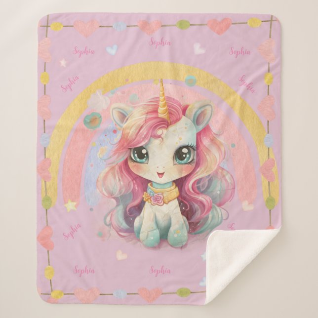 Couverture Sherpa Rainbow Pastel Lilac Kawaii Unicorn Avec Nom (Devant)