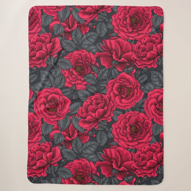 Couverture Sherpa Red roses with gray leaves on black (Devant)