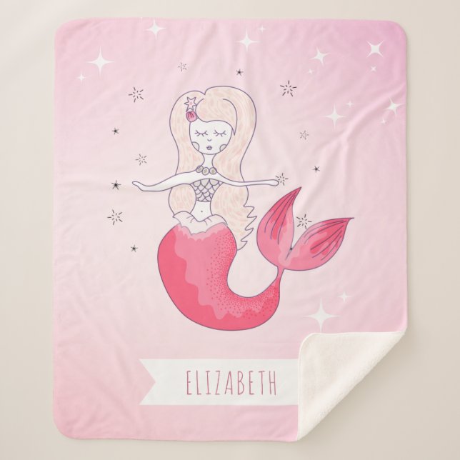 Couverture Sherpa Red Tail Girl Mermaid Stars Sparkle Rose Nom migno (Devant)