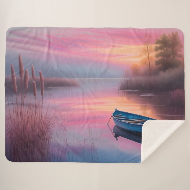 Couverture Sherpa Réflexion du ciel rose de bateau bleu rustique (Devant (Horizontal))
