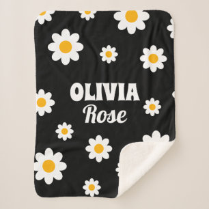 Couverture Sherpa Retro Black Daisy 70's Hippie Nom personnalisé