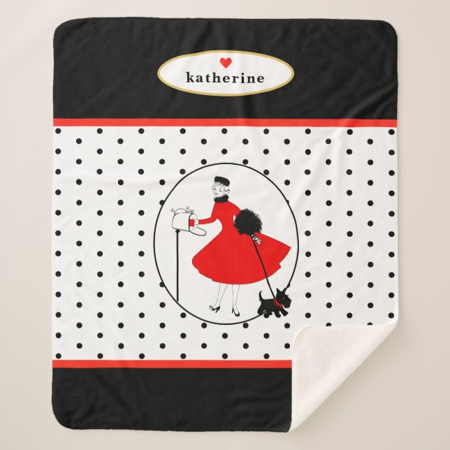 Couverture Sherpa Retro Mid-Century Design Dame avec chien (Devant)