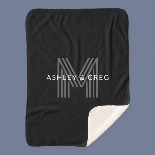 Couverture Sherpa Retro Moderne Nom/s Monogramme modifiable Noir et  (Créateur téléchargé)