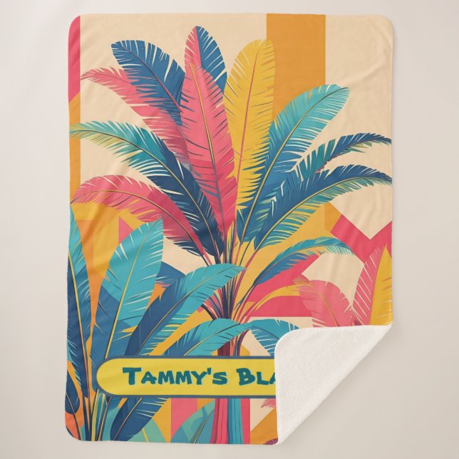 Couverture Sherpa Retro Palm Leaf Personalized Blanket with Name  (Devant)