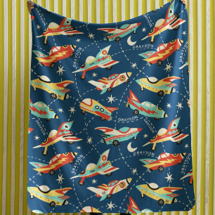 Couverture Sherpa Retro Space Rocket Cars Blue Nom personnalisé