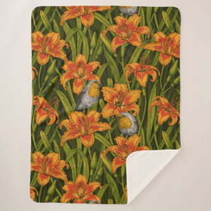 Couverture Sherpa Robins et fleurs de lys, orange et vert foncé