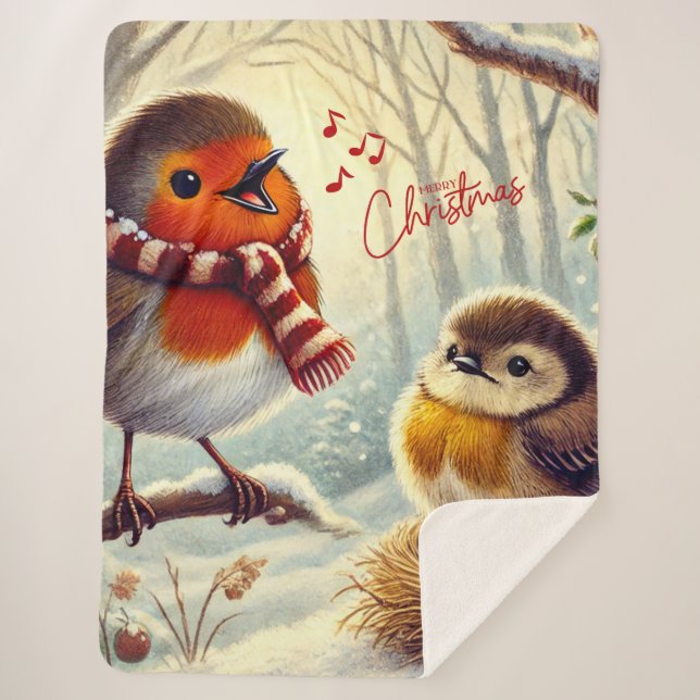 Couverture Sherpa Robins mignons, Noël gelé (Devant)