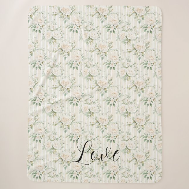 Couverture Sherpa Romantic Cream Floral Stripes Green Leaves (Devant)