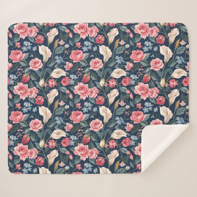Couverture Sherpa Romantic Navy Blue Floral Garden Pattern (Devant (Horizontal))