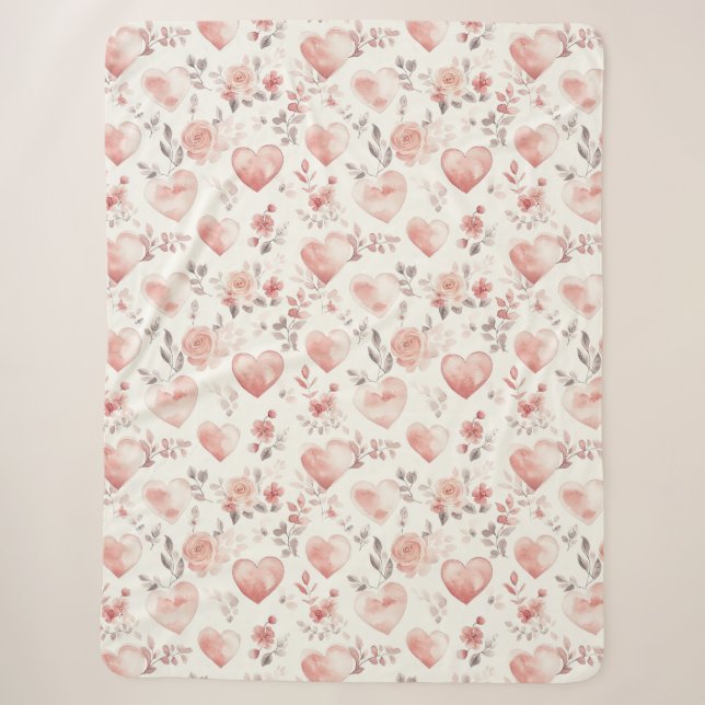 Couverture Sherpa Romantic Pink Hearts Roses Floral (Devant)