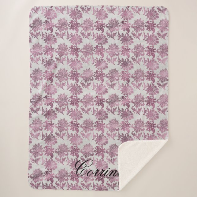 Couverture Sherpa Romantique Bourgogne Rouge Argent Floral (Devant)