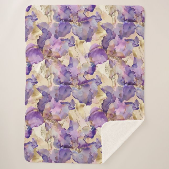 Couverture Sherpa Romantique violet or Iris Floral (Devant)