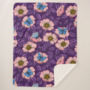 Couverture Sherpa Rose de chien et papillons en rose et violet