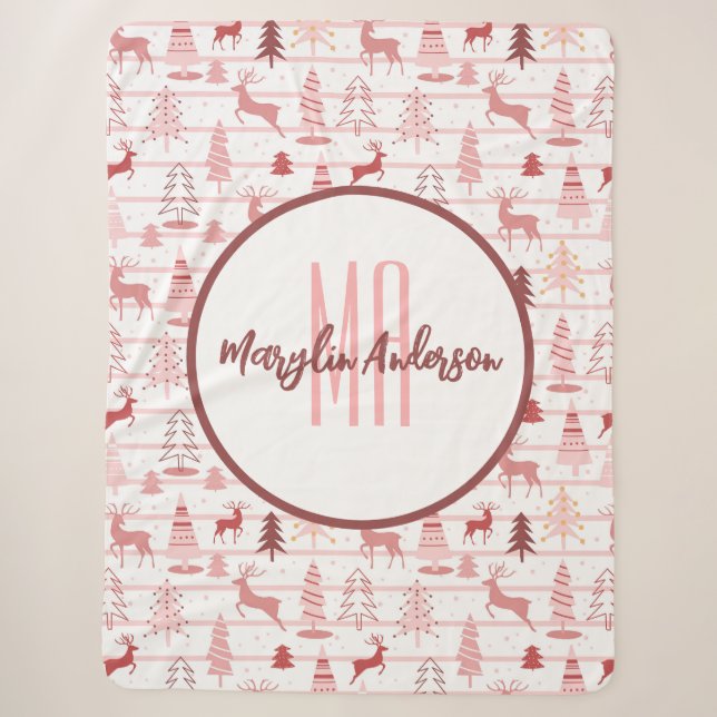 COUVERTURE SHERPA ROSE ET ARBRES DE NOËL MONOGRAMME PERSONNALISÉ (Devant)