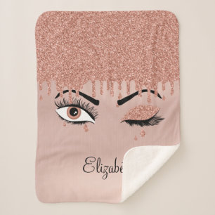 Couverture Sherpa Rose Pink Gold Eyelashes Dripping Glitter