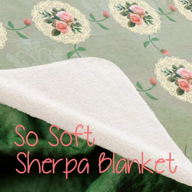 Couverture Sherpa Rose vintage Doily Green Damask (Stay cuddly in these vintage style blankets.)