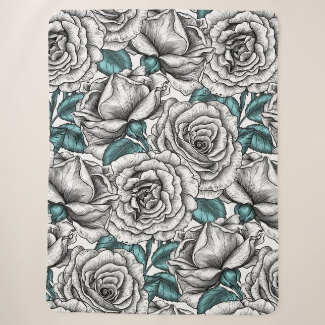 Couverture Sherpa Roses blanches avec feuilles bleus (Devant)