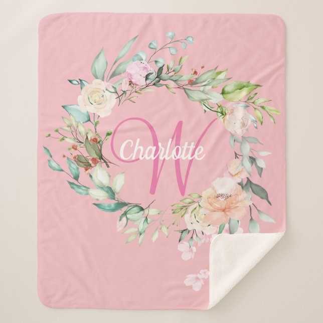 Couverture Sherpa Roses d'été modernes Monogramme de script initial  (Devant)