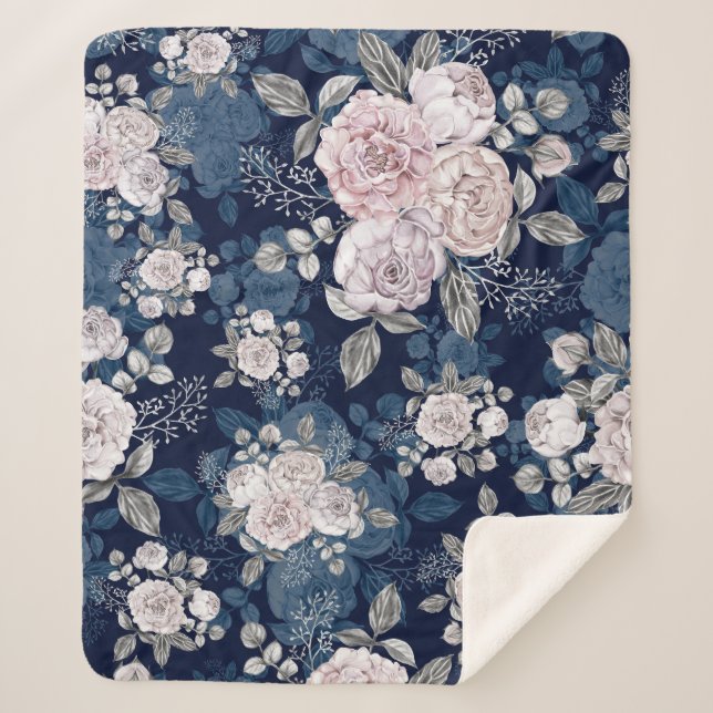 Couverture Sherpa Roses roses roses Bleu foncé : Vintage (Devant)