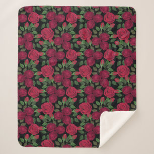 Couverture Sherpa Roses rouges sur noir.