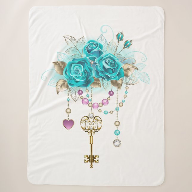 Couverture Sherpa Roses turquoise avec touches (Devant)