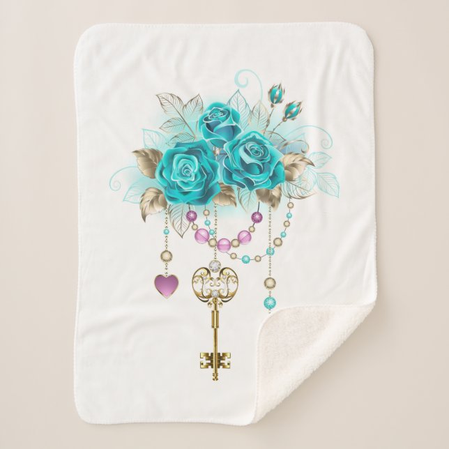 Couverture Sherpa Roses turquoise avec touches (Devant)