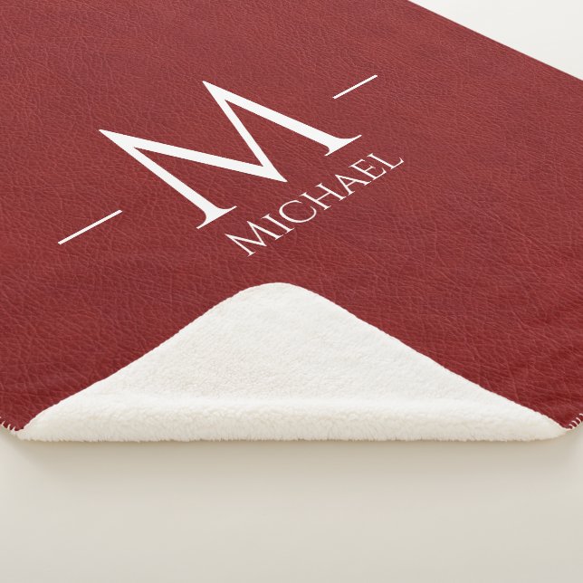 Couverture Sherpa Rouge Brown cuir look personnalisé Nom du monogram (3/4)