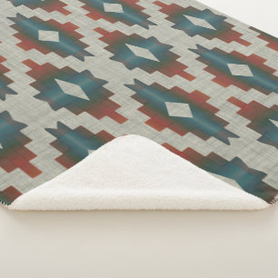Couverture Sherpa Rouge foncé Brown Turquoise bleu gris Motif d'art 