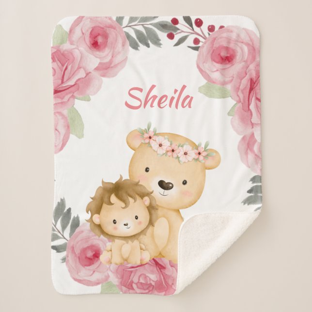 Couverture Sherpa Safari Personnalisé Animaux Fille Blanche bébé (Devant)