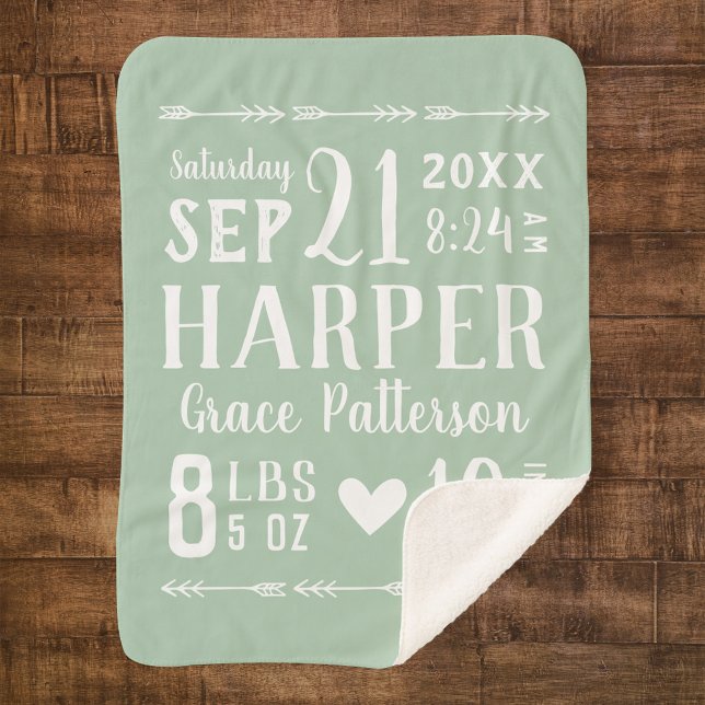 Couverture Sherpa Sage Green Baby Girl Birth Stats Keepsaké (Créateur téléchargé)