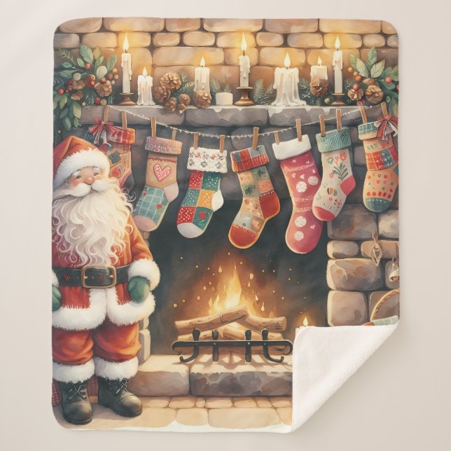 Couverture Sherpa Santa by Fireplace Christmas Stockings (Devant)