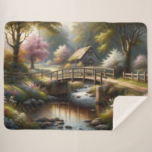 Couverture Sherpa Scène de cottage de pont de printemps Cottagecore