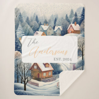 Couverture Sherpa Scène de village d'hiver personnalisable avec nom