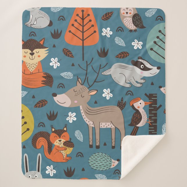 Couverture Sherpa Seamless pattern with forest animals on blue backg (Devant)