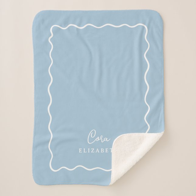 Couverture Sherpa Sky Blue Wavy Border Monogrammed (Devant)