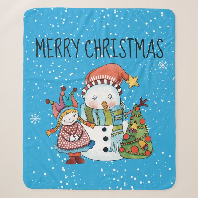 Couverture Sherpa Snowman, arbre et petite fille Fleece Sherpa Blank (Devant)