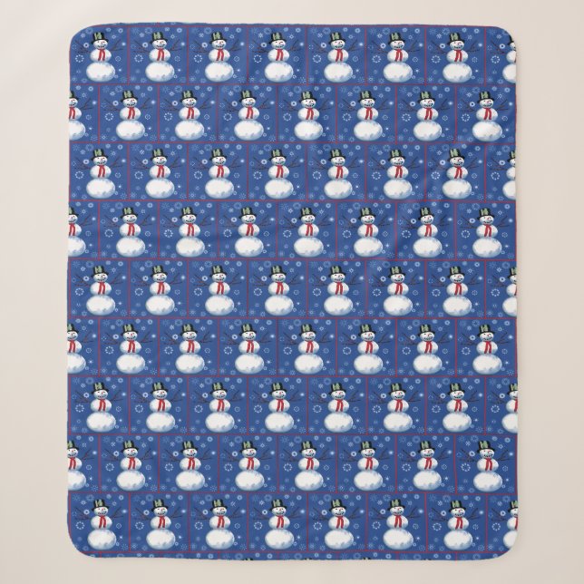 Couverture Sherpa Snowmen mignon en bleu avec des flocons de neige (Devant)