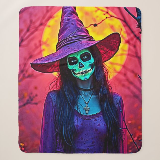 Couverture Sherpa Sorcière d'Halloween avec conception de visage crâ (Devant)